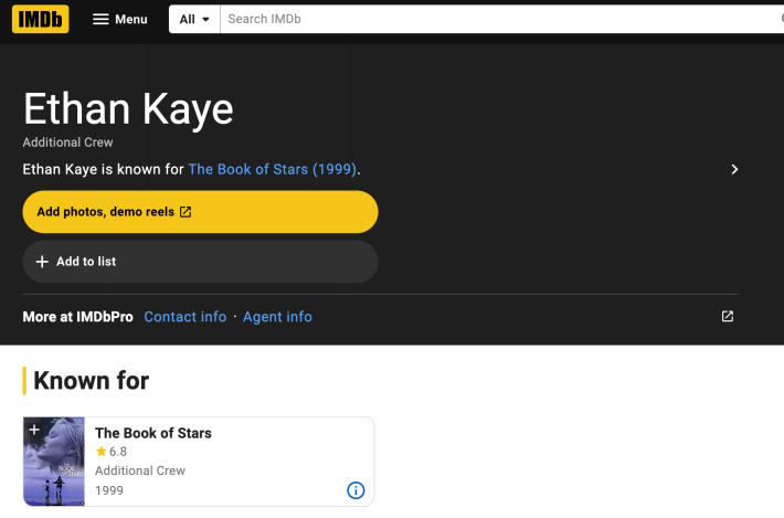 An IMDB credit page for Ethan Kaye, showing my single credit for The Book of Stars.